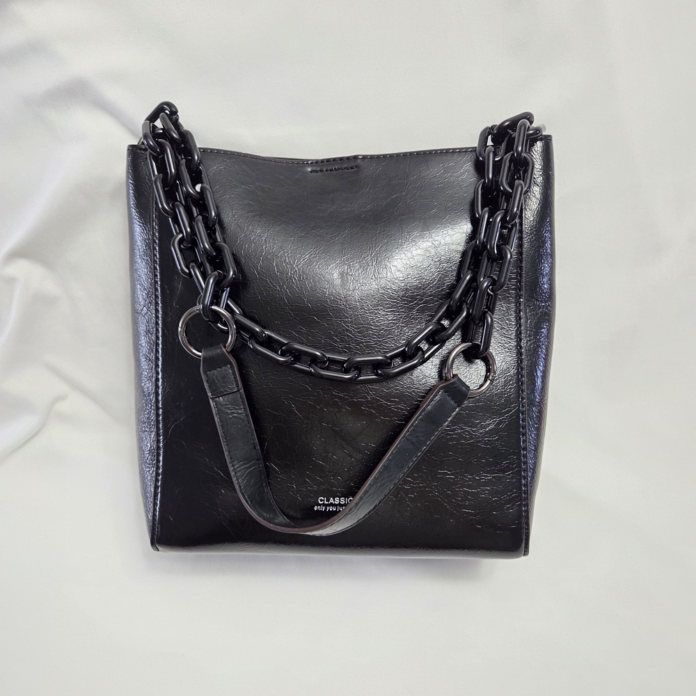 Bucket Shoulder Bag Black Vegan Leather Large Acrylic Chain